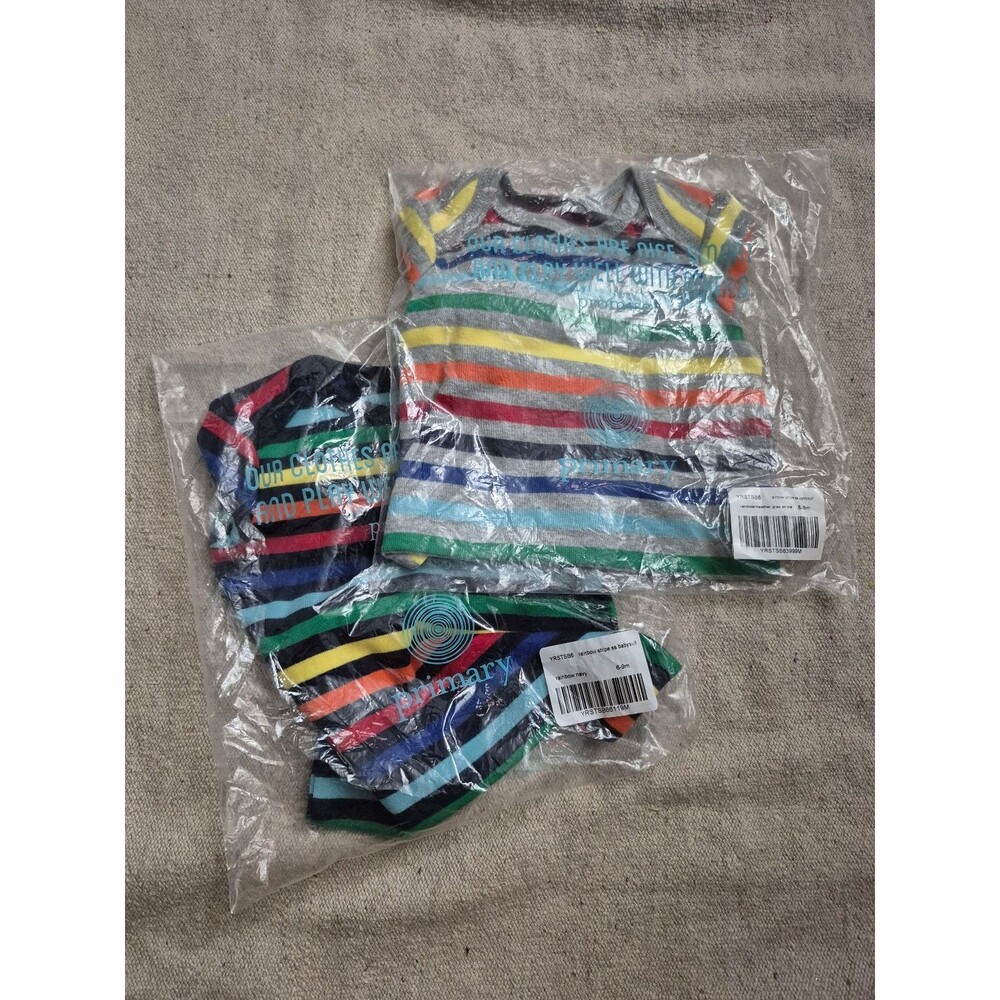 Primary rainbow long sleeve organic bodysuits size 6-9 months